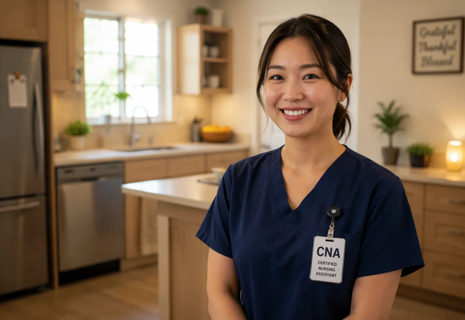 Smiling certified nursing assistant in a client’s kitchen